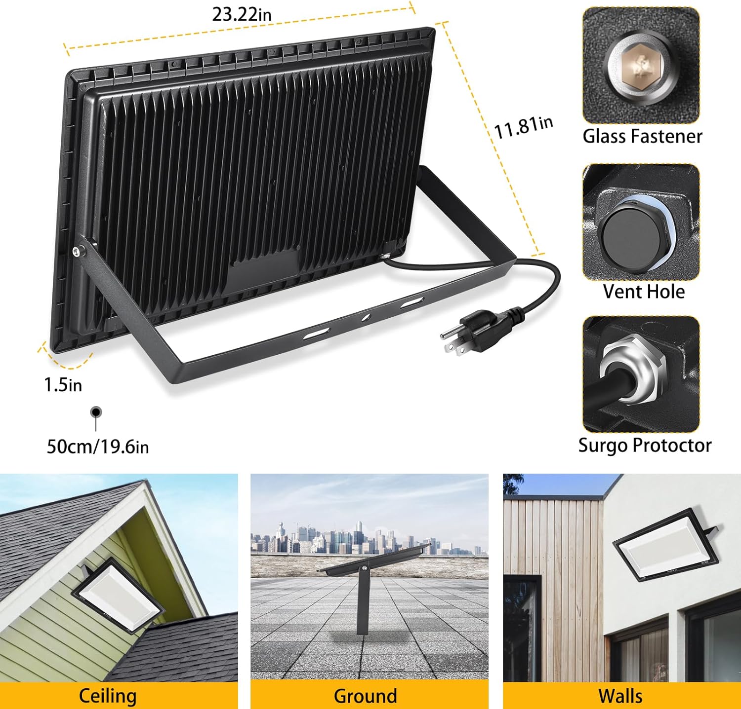 3 Pack 200W LED Flood Light,Super Bright Exterior Security Lights With Plug,IP66 Waterproof Outdoor Flood Light, 22800lm 5000K Daylight White Floodlight for Yard, Garden,Basketball Court, Arena
